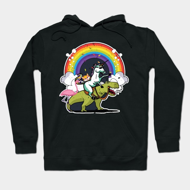 Unicorn Riding T Rex With A Cat, Flamingo, Rainbow Hoodie by Xizin Gao